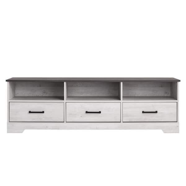 Prepac Rustic Ridge Washed White TV Stand Fits TVs up to 55 to 77 in. with 3-Drawers