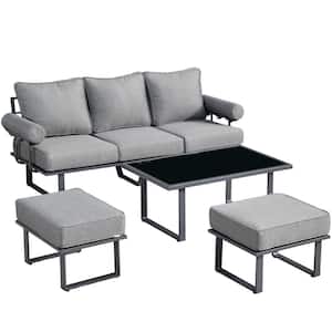 Teton Grand Gray 4-Piece Aluminum Outdoor Patio Conversation Sofa Set with Solid Gray Cushions