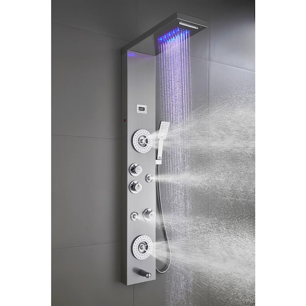 55 in. 6-Jet Shower Panel System with LED Rainfall Waterfall Shower Head Handshower and Tub Spout in Brushed Nickel