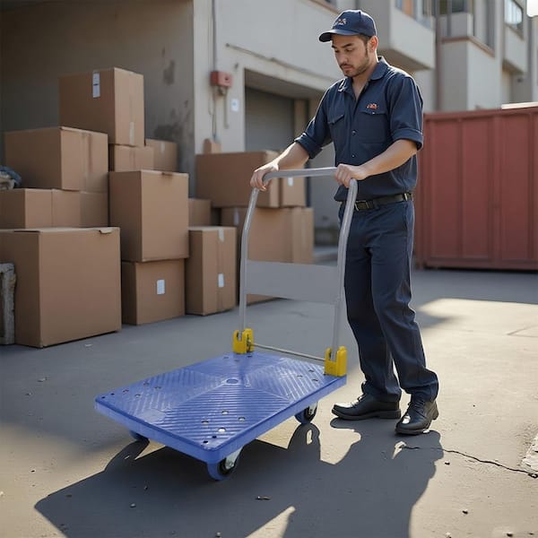 Amie 880 lb. Blue Heavy-Duty Steel Foldable Push Hand Truck, Platform Dolly with Rear Brake Wheels, Swivel Casters