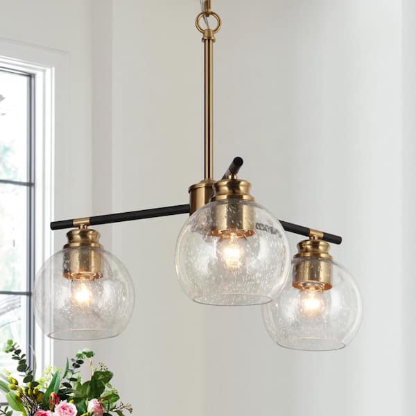 18 in. 3-Light Modern Polished Brass Chandelier, Black Kitchen Island Pendant Light, Seeded Glass Dining Room Chandelier