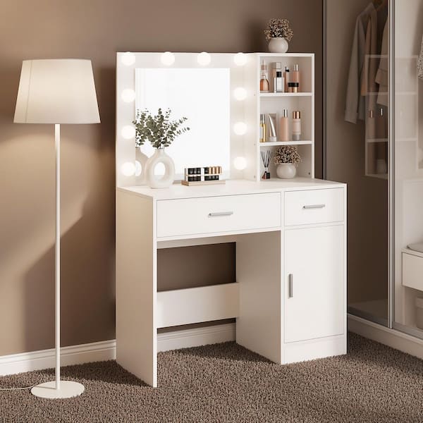 White Makeup Vanity Desk Wood Dressing Table With Mirrors, Drawers, Cabinets, Shelves, 3-Color LED Lighted