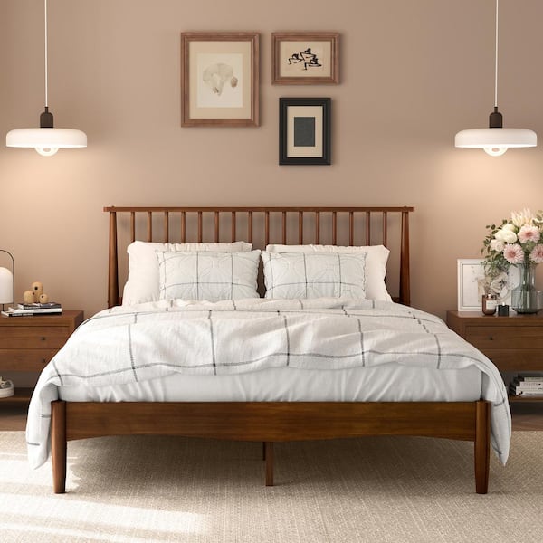 Mid-Century Modern Light Walnut Brown Wood Frame Queen Platform Bed with Windsor Headboard Panel Bed