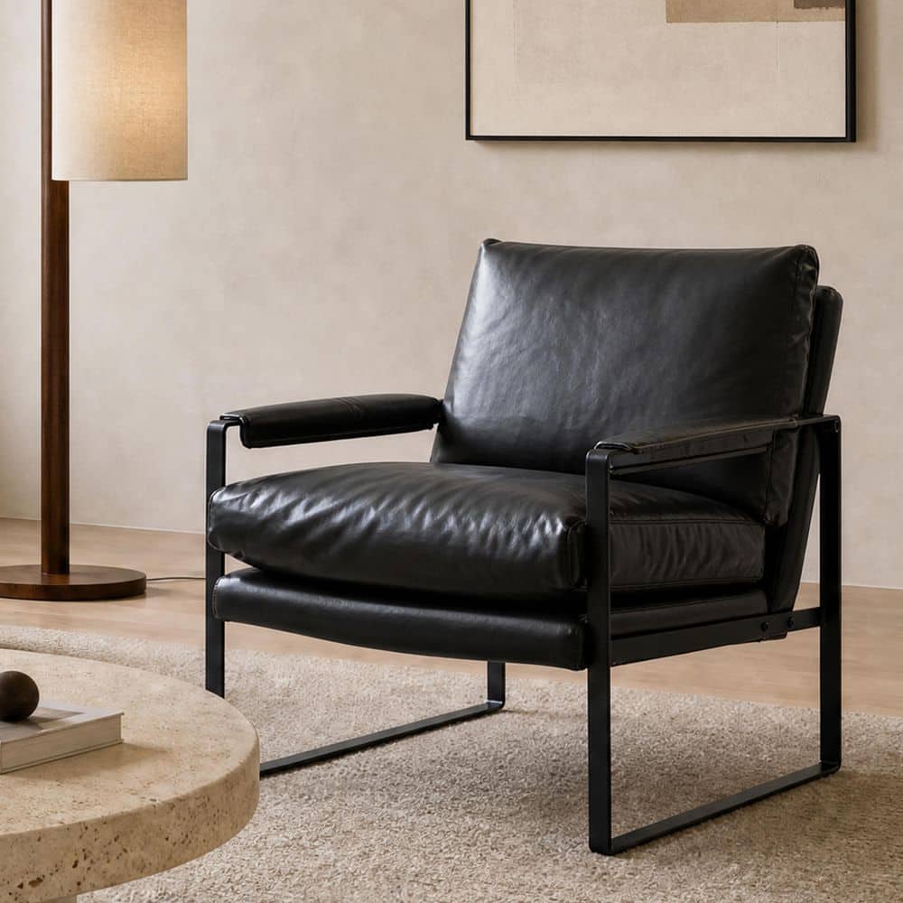 Art Leon LEO Modern Black Faux Leather Accent Arm Chair with Steel