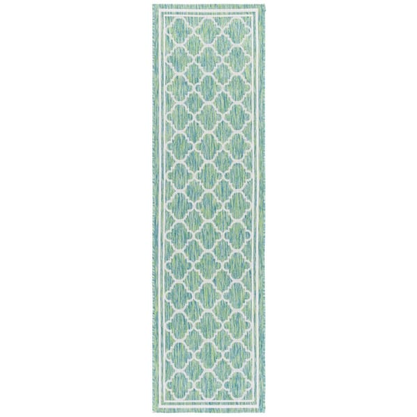 Courtyard Green/Ivory 2 ft. x 8 ft. Border Quatrefoil Indoor/Outdoor Runner Rug