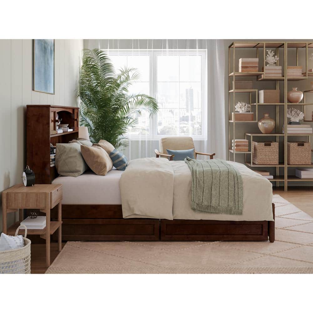 Walnut Full Wood Platform Bed with Storage Drawers and Headboard