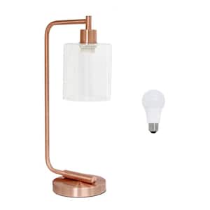 18.8 in. Rose Gold Industrial Antique Style Iron Lantern Desk Lamp with Glass Shade, with LED Bulb Included