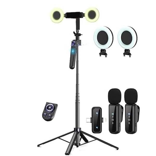 63 in. Black Ring Light with Auto Face Tracking Tripod Wireless Microphones Remote Control Content Creator Kit