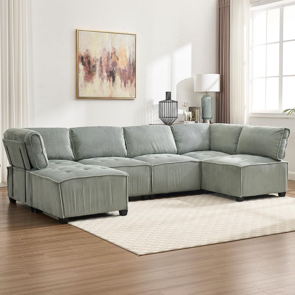 HOMEFUN 122 in. sq. 6-Piece U Shaped Corduroy Modern Modular