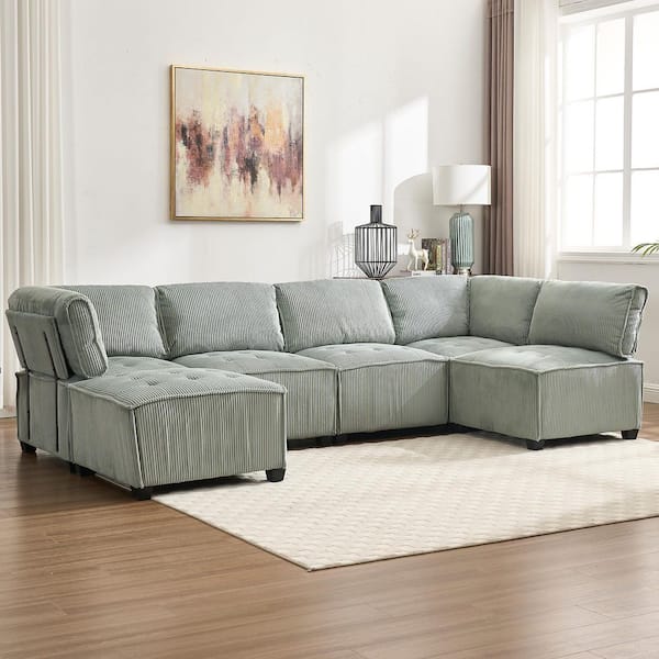 HOMEFUN 122 in. sq. 6-Piece U Shaped Corduroy Modern Modular Sectional Sofa in. Mint Green with Moveable Ottoman