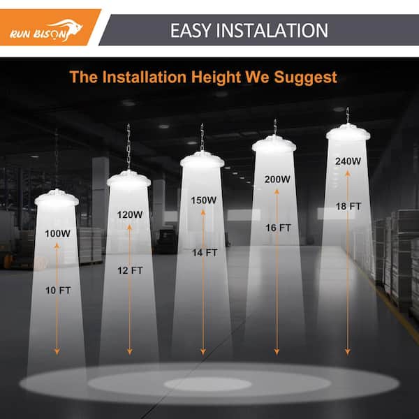 RUN BISON 8-Pack 10.6 in. White 450-Watt Equivalent Integrated LED UFO High Bay Light Fixture, 5000K 21750Lumens, 0-10V Dimmable