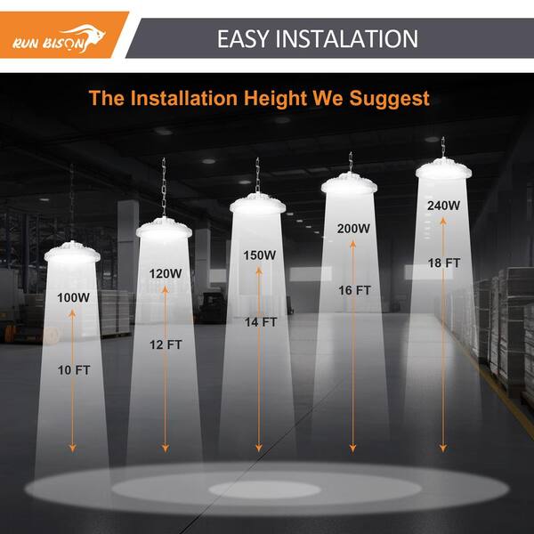 RUN BISON 8-Pack 10.6 in. White 450-Watt Equivalent Integrated LED UFO High Bay Light Fixture, 5000K 21750Lumens, 0-10V Dimmable