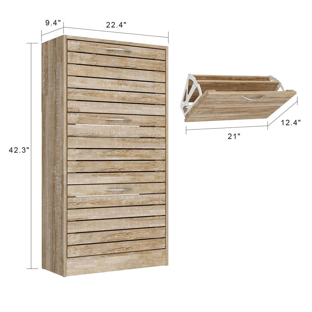 Brown Wood Grain 3-Tier Shoe Storage Rack with Metal Handles