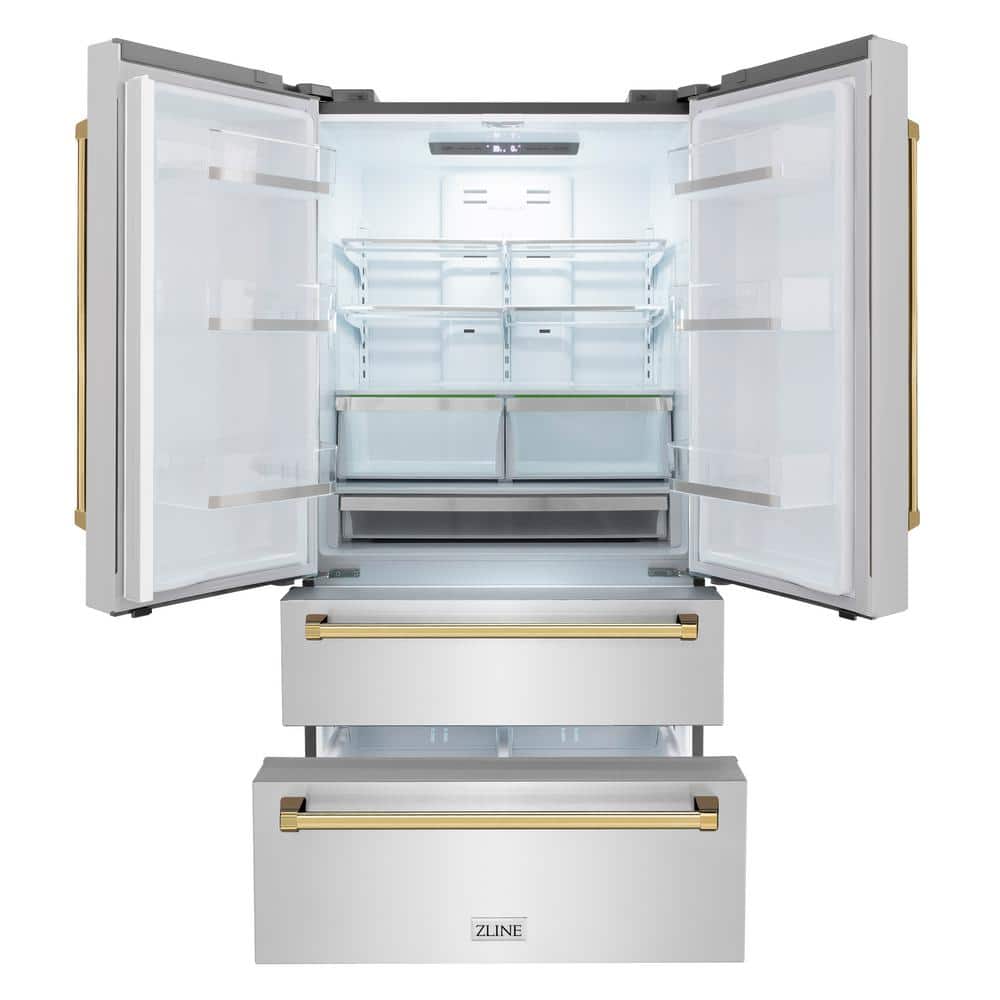 ZLINE 36" Stainless Steel French Door Refrigerator with Gold Accents