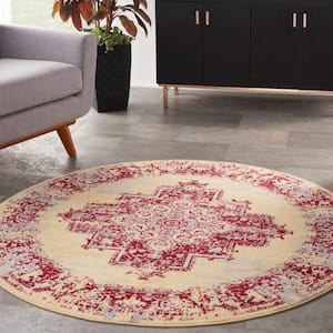 Grafix Cream/Red 5 ft. x 5 ft. Persian Medallion Transitional Round Rug