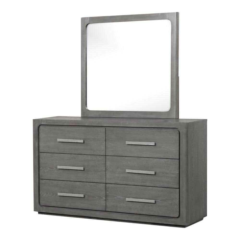 Rally Gray 6-Drawer 62 in. Dresser with Mirror with Felt-Lined Top Drawer, Jewelry Tray and Rounded Edges