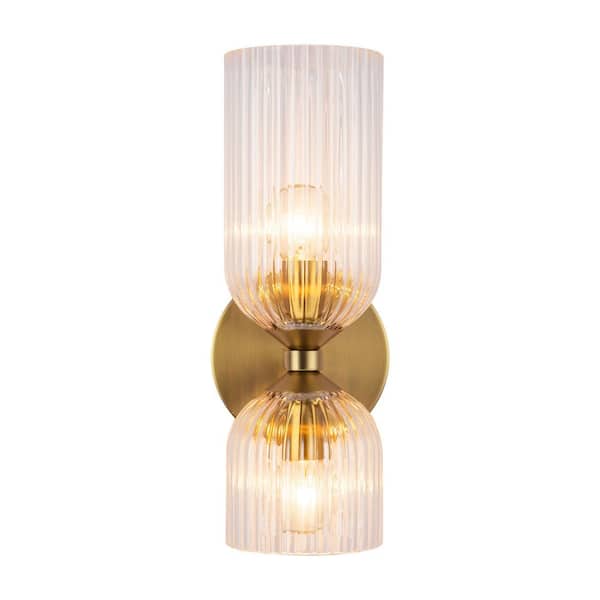 Nelly 12 in. 2-Light 40-Watt Brushed Gold/Clear Ribbed Glass Vanity Light