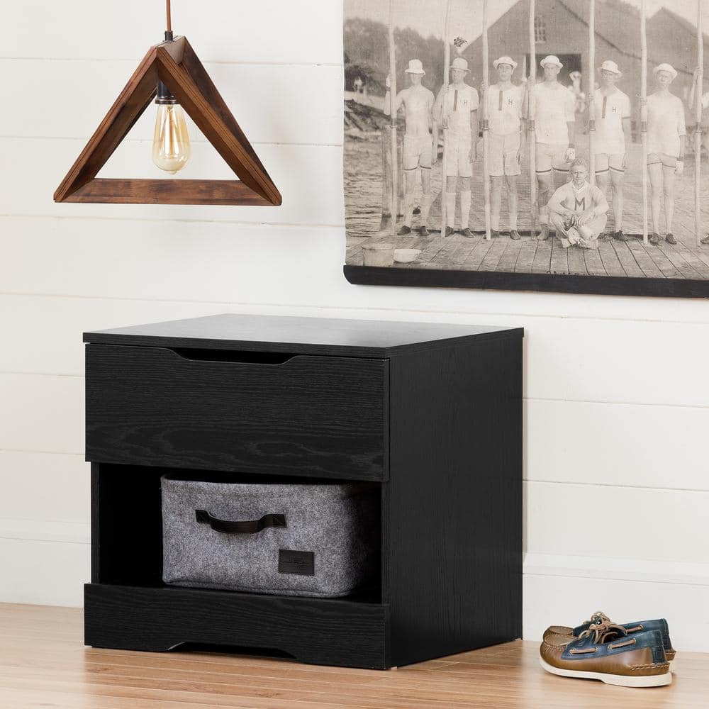 Modern Black Oak 1-Drawer Nightstand with Open Storage