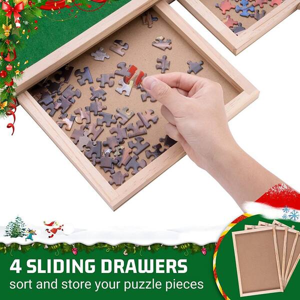 1500 Pcs Puzzle Board Wooden Jigsaw Puzzle Table with Folding Legs 4  Drawers, 1 Set of Accessories