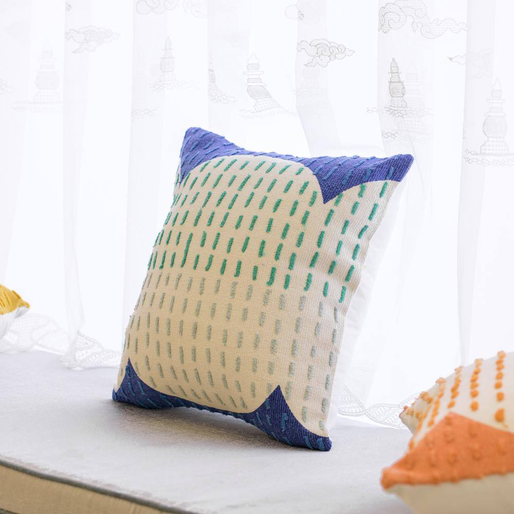 Handwoven Cotton Euro Throw Pillow Cover, Ribbed Line Dots, Blue