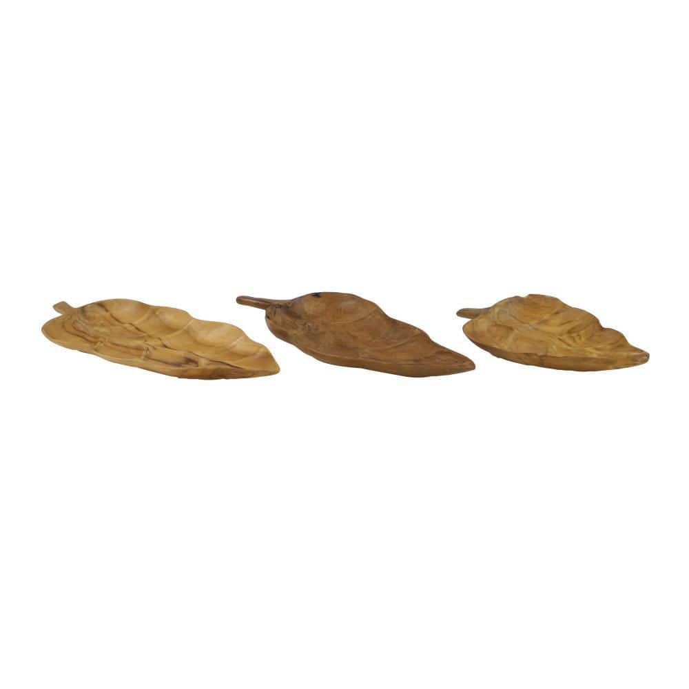 Brown Teak Wood Live Edge Leaf Tray Set of 3