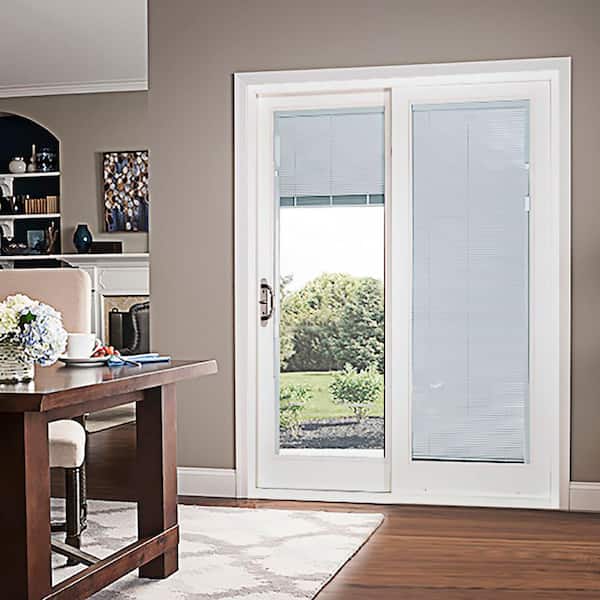 60 in. x 80 in. Smooth White Left-Hand Composite Sliding Patio Door with Built in Blinds