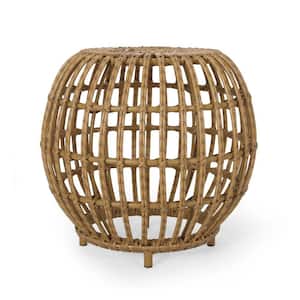 Light Brown Wicker Outdoor Accent Table Boho Faux Rattan Weave Handcrafted Designed Coffee Furniture for Outdoor Decor