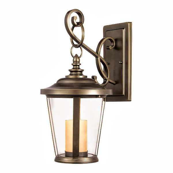 Home Decorators Collection Bellingham 18.5 in. Oil-Rubbed Bronze LED Outdoor Wall Lantern Sconce with Clear Glass and Amber Glass Candle