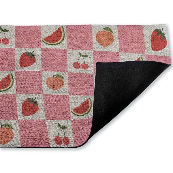 Pink Kitchen Fruits Checkered Pink 18 in. x 30 in. Polyester Non-Slip Outdoor Door Mat
