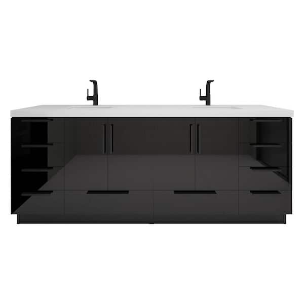 Carla 84 in. W x 20 in. D x 35 in. H Double Sink Freestanding Bath Vanity in Gloss Black with White Acrylic Top