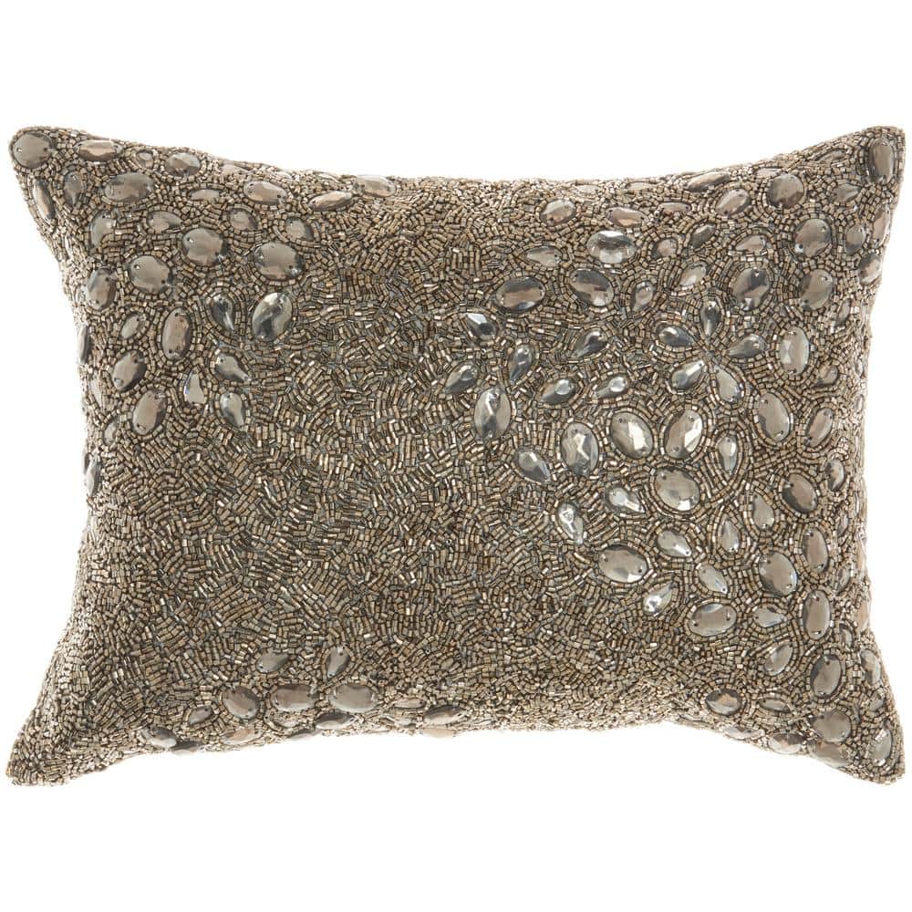 Pewter Gray Beaded Embroidered Lumbar Throw Pillow 10" x 14"