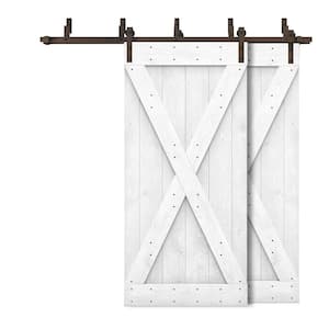 64 in. x 84 in. X Bypass White Stained DIY Solid Wood Interior Double Sliding Barn Door with Hardware Kit