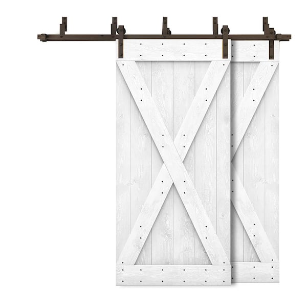 CALHOME 88 in. x 84 in. X Bypass White Stained DIY Solid Wood Interior Double Sliding Barn Door with Hardware Kit