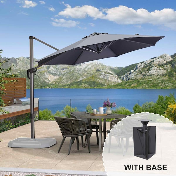 PURPLE LEAF 10 ft. Octagon Aluminum Outdoor Patio Cantilever Umbrella Offset 360-Degree Rotation Umbrella with Base in Ground, Gray