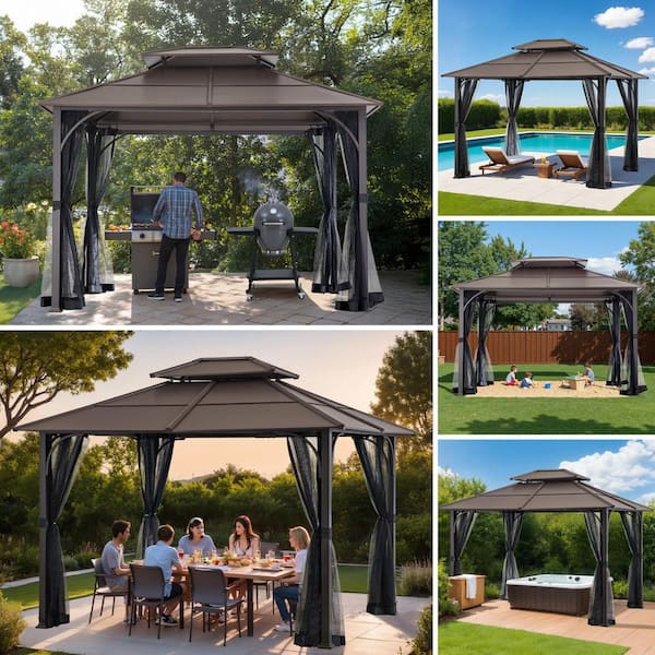 Sunjoy Atasha 10 ft. x 12 ft. Brown Steel Gazebo with 2-Tier