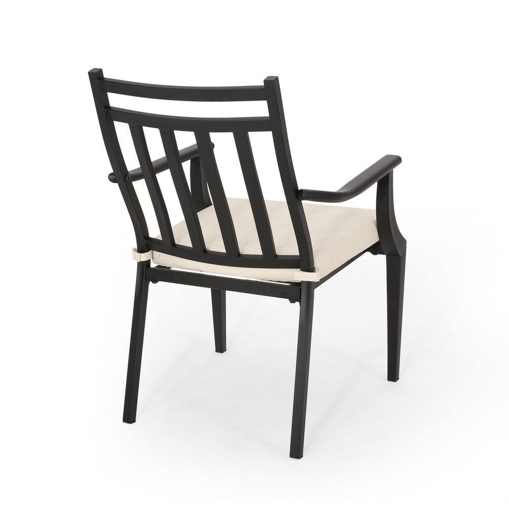 Matte Black Iron Outdoor Dining Chairs with Beige Cushions (Set of 2)