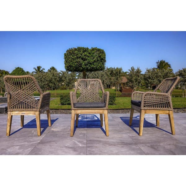 Santino Patio Teak Wood and Rope Outdoor Dining Chair with Sunbrella Grey Cushions (Set Of 2)