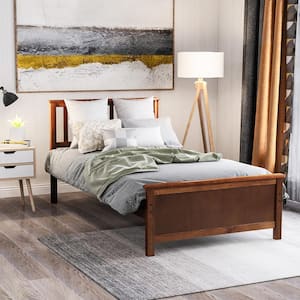 80 in. Walnut Twin Size Wood Platform Bed with Headboard, Footboard and Wood Slat Support