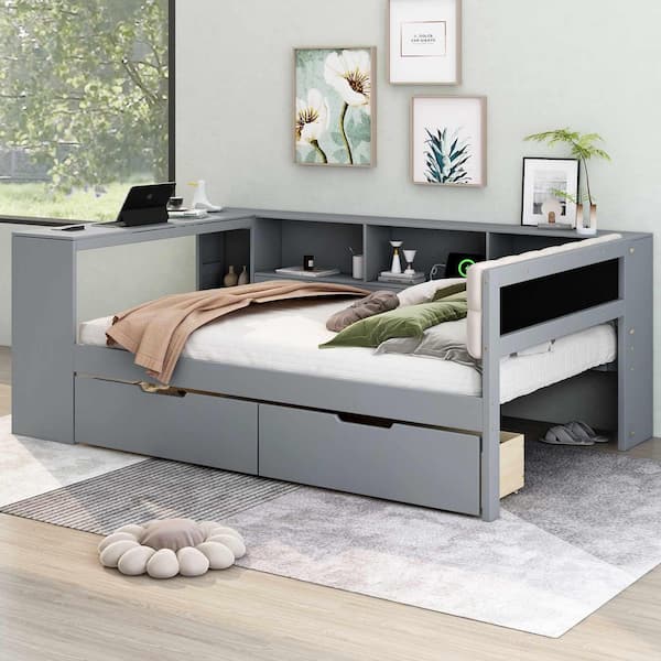 Gray Full Size Daybed with Storage Shelves, Drawers, Charging Station