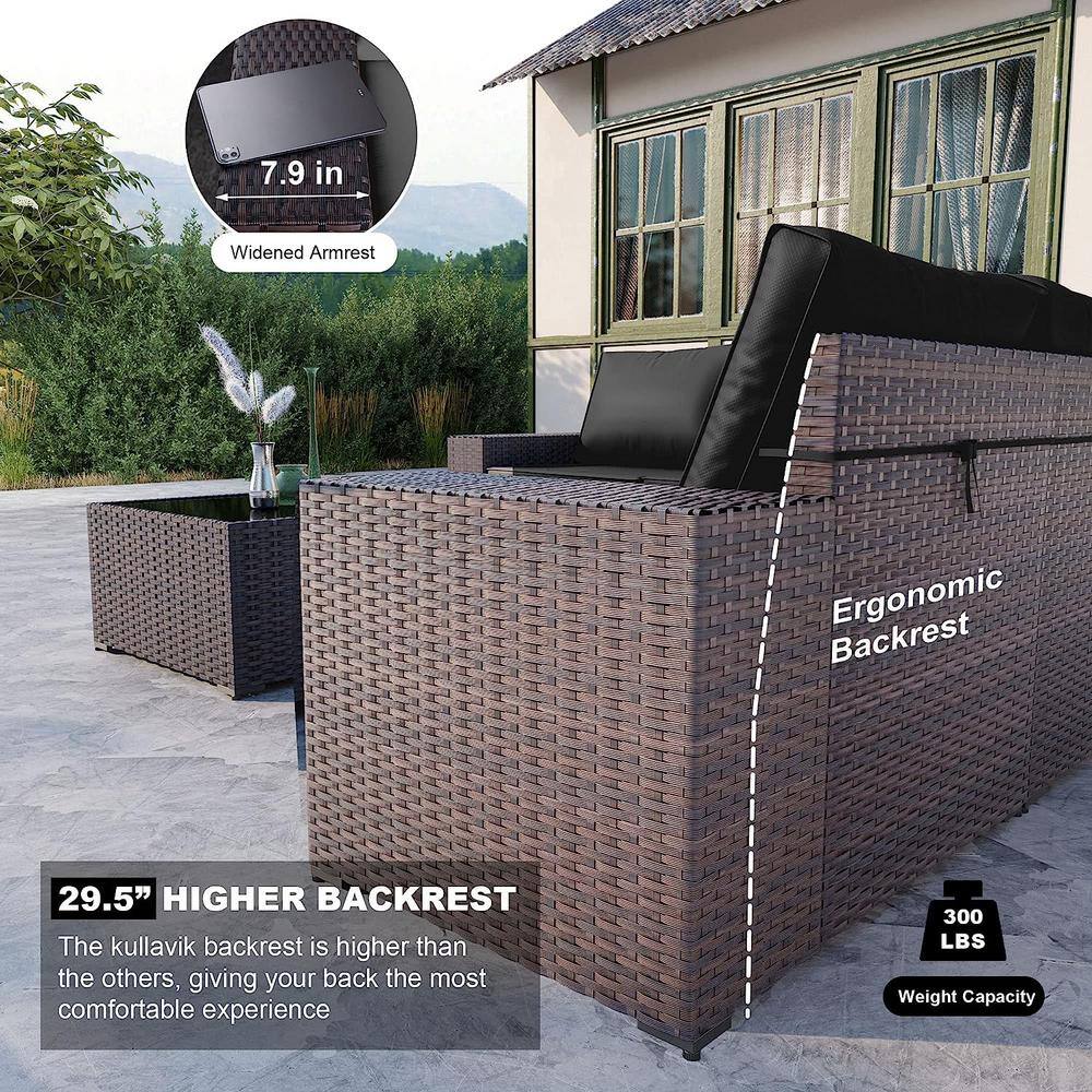 6-Piece Brown Wicker Outdoor Sectional Set with Black Cushions