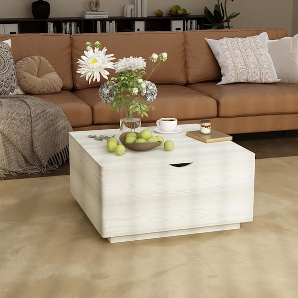 FUFU&GAGA 35.4 in. Width White Wooden Grain Square Wood Lift Top End Table with Hiden Storage and 4-Circular Arc Corners