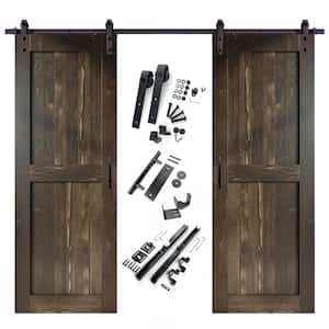 48 in. x 96 in. H-Frame Ebony Double Pine Wood Interior Sliding Barn Door with Hardware Kit, Non-Bypass
