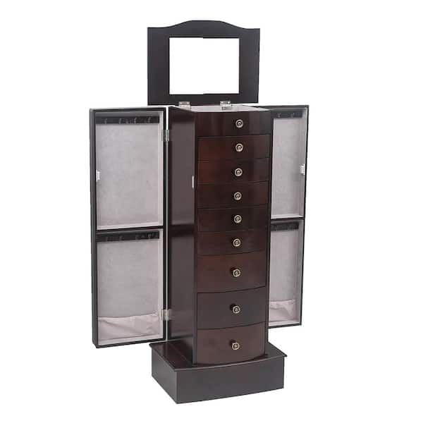 Outopee Brown Jewelry Organizer Armoires Storage Box Walnut Wood with 8-Drawers 40 in. H x 17 in. W x 12 in. D