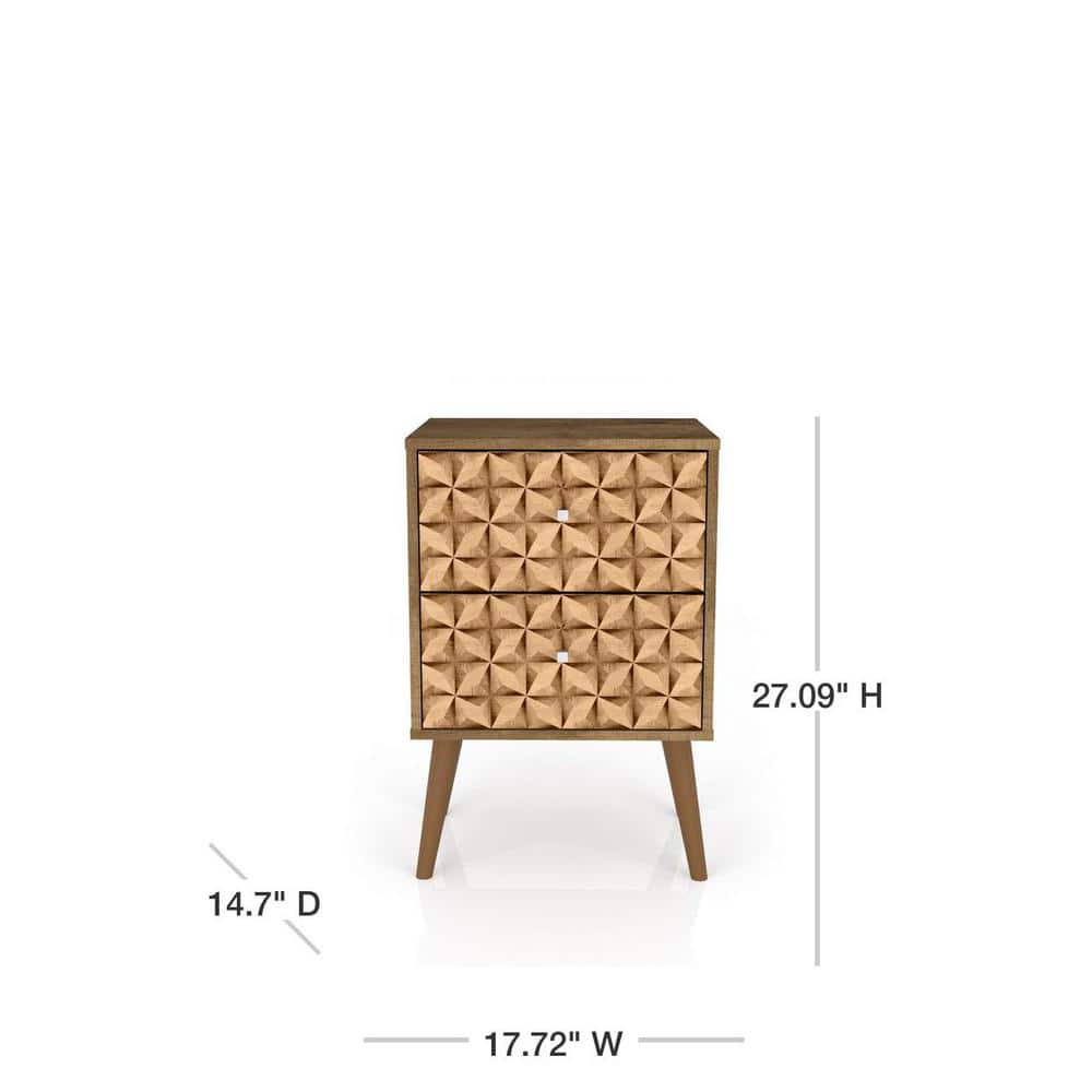 Rustic Brown & 3D Prints Mid-Century Modern 2-Drawer Nightstand