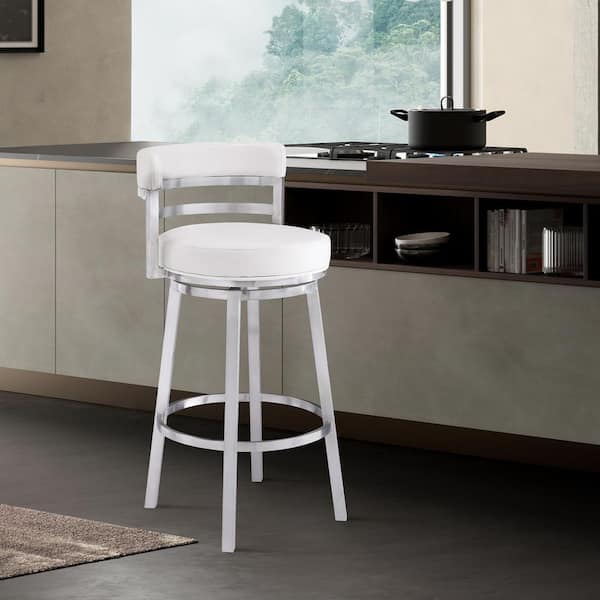 Armen Living Titana 36-40 in. White/Brushed Stainless Steel Metal 30 in. Bar Stool with Faux Leather Seat