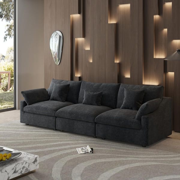 3-Piece Sectional Sofa 119.2 in. Linen Modular Free Combinable Deep Seat Couch Living Room Set in Black
