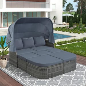 Wicker Outdoor Day Bed with Retractable Canopy Beige Cushions, Conversation Set, Outdoor Patio Furniture Set for Yard