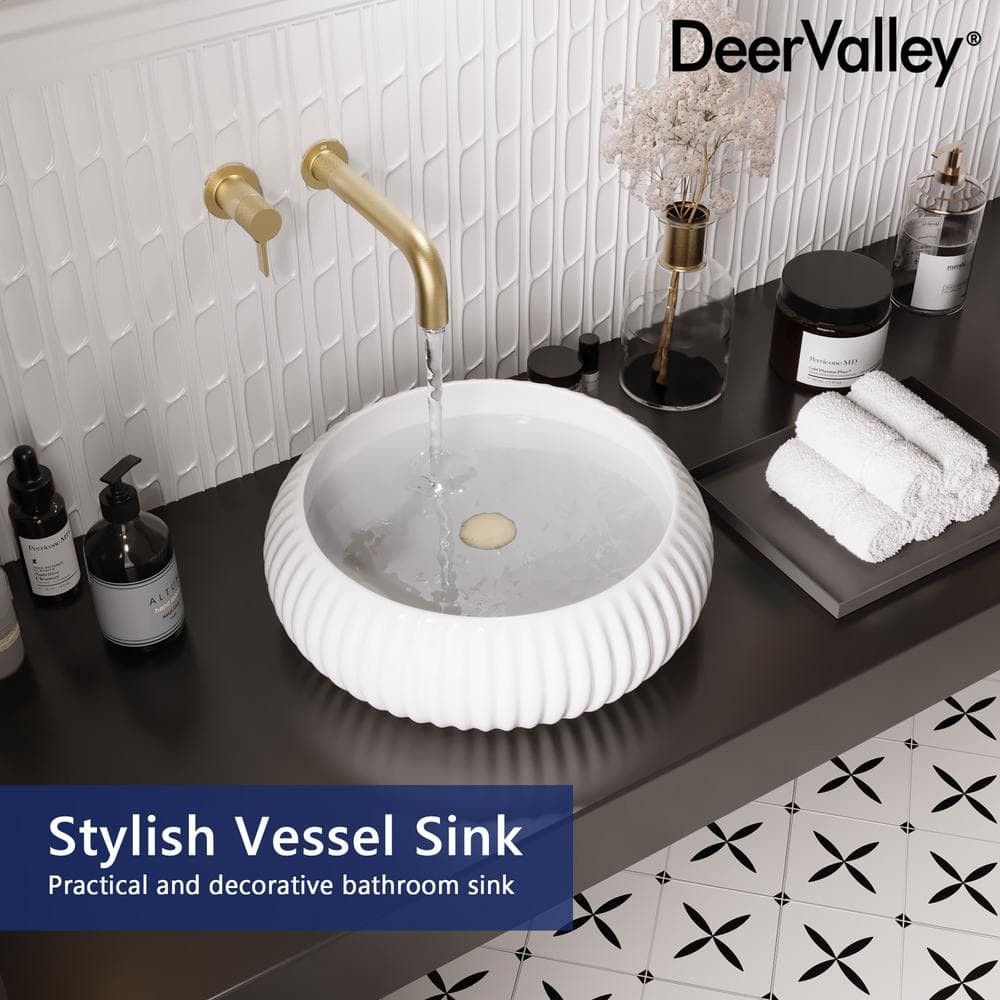 16" White Ceramic Circular Vessel Sink with Fluted Sides