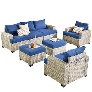 Taylor 7-Piece Wicker Outdoor Patio Conversation Seating Set with Navy Blue Cushions