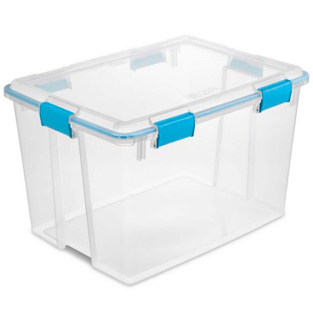 Clear Plastic Stackable Storage Bins with Blue Latching Lid, 80 Qt, 4 Pack
